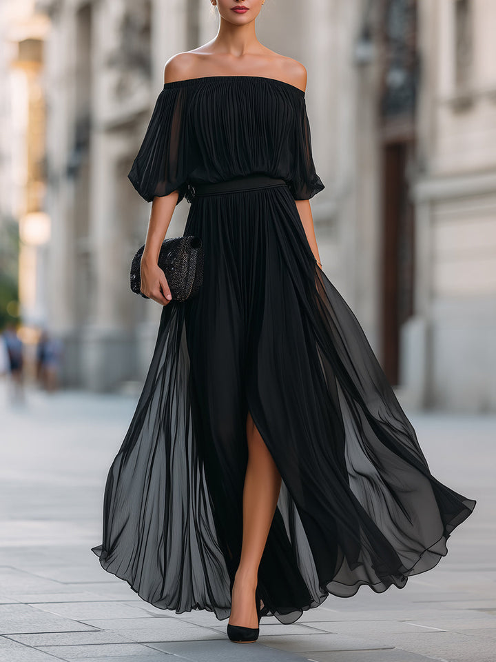Annetta - Black Off-Shoulder Pleated Chiffon Maxi Dress