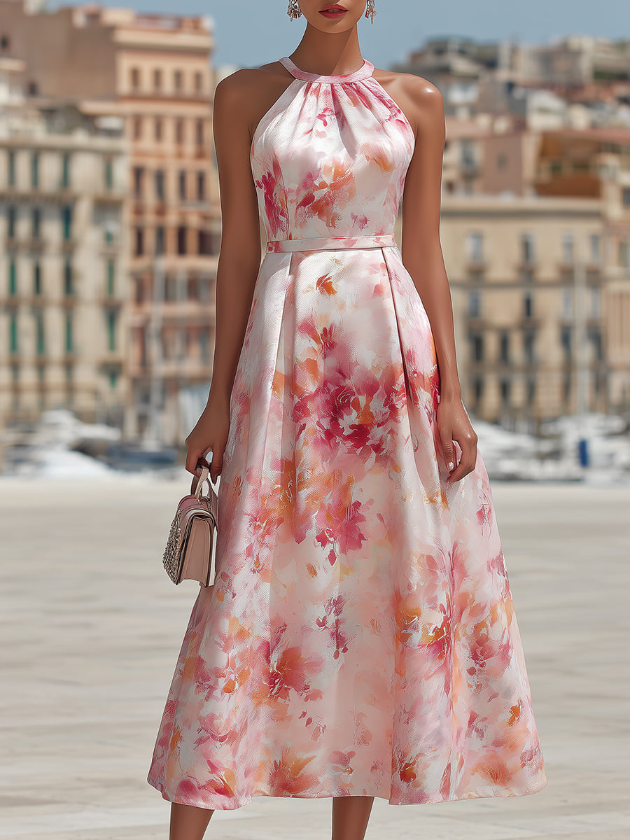 Violetta - Midi Dress with Halter in Watercolor Floral Pattern