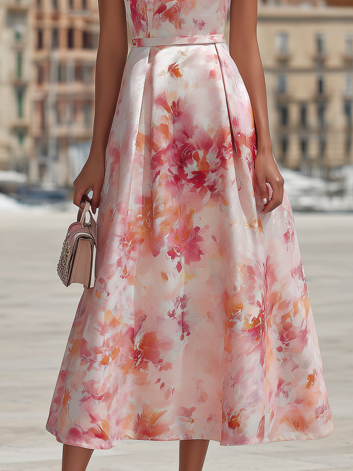 Violetta - Midi Dress with Halter in Watercolor Floral Pattern