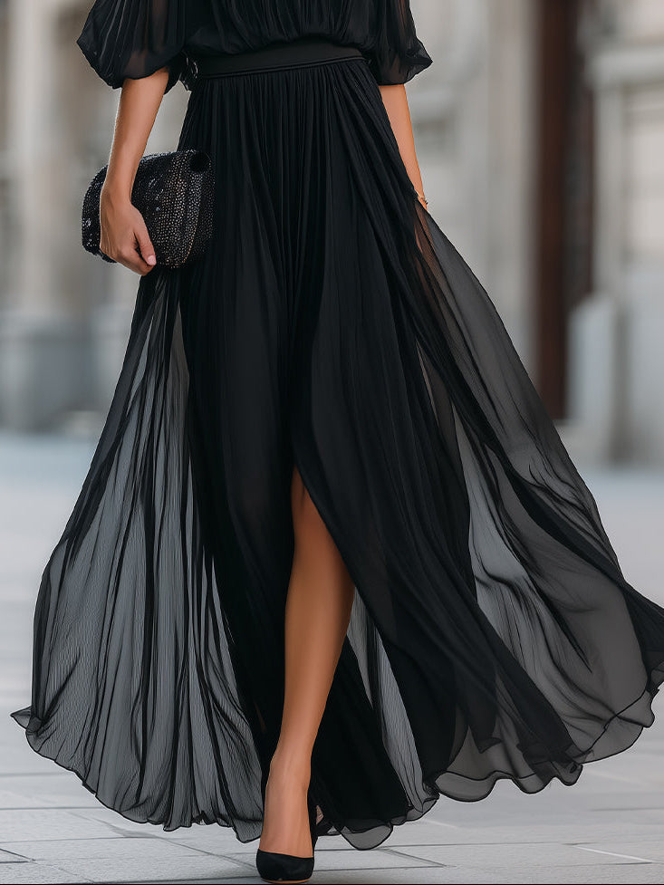 Annetta - Black Off-Shoulder Pleated Chiffon Maxi Dress