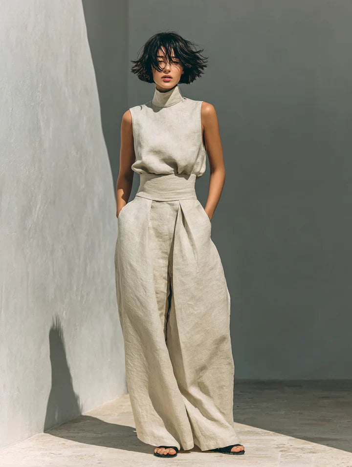 Flor™ | Minimalist Sleeveless Blouse and Wide-Leg Pants Cotton-Linen Set for Women