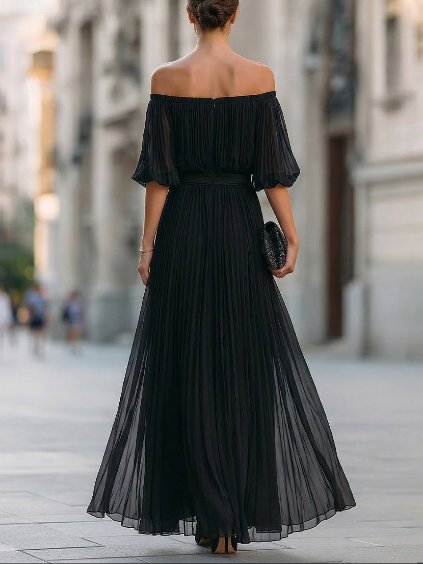 Annetta - Black Off-Shoulder Pleated Chiffon Maxi Dress