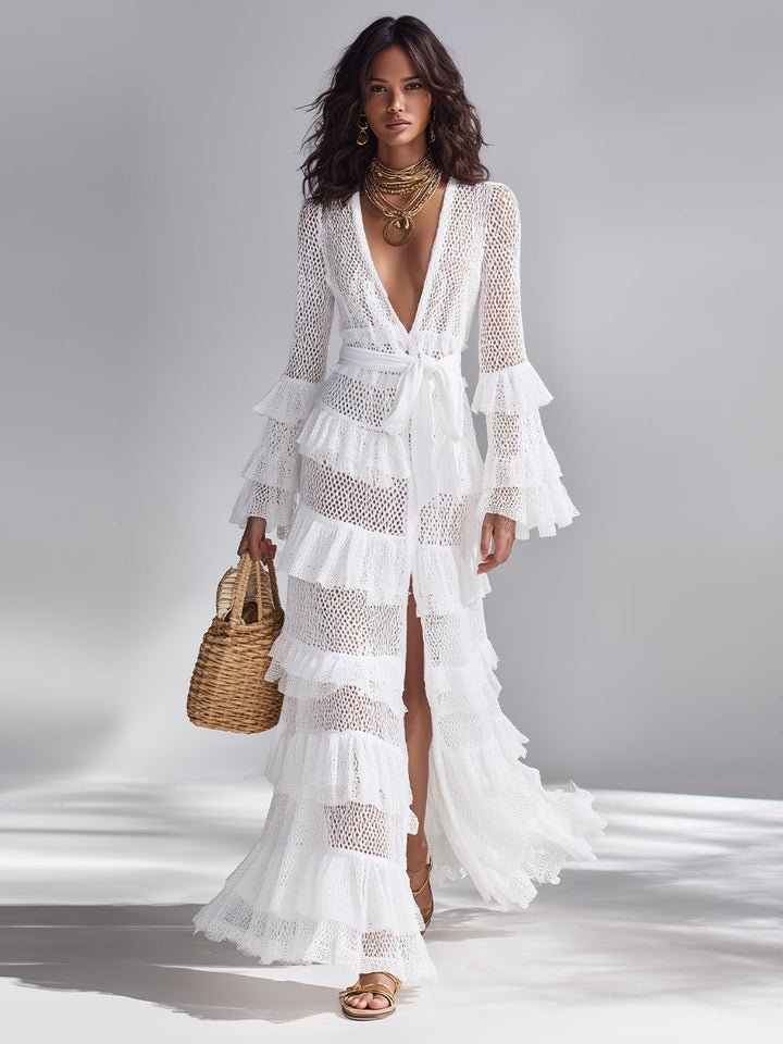 Freya - Bright White Crocheted Knit Cardigan for Women
