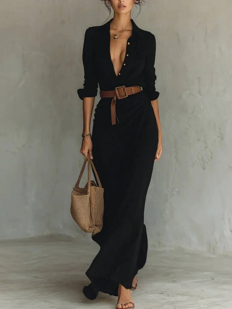 Kiara - Long Sleeve Lapel Collar Maxi Dress