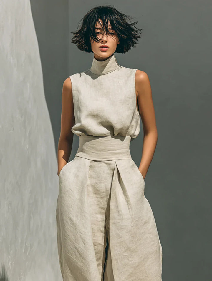 Flor™ | Minimalist Sleeveless Blouse and Wide-Leg Pants Cotton-Linen Set for Women