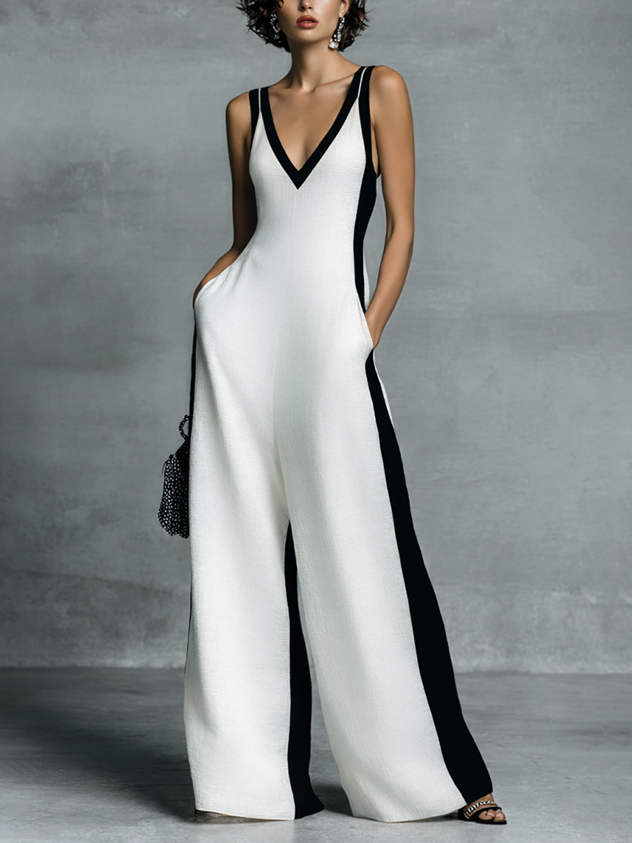 Celine | Black & White Color-Block Wide-Leg Jumpsuit