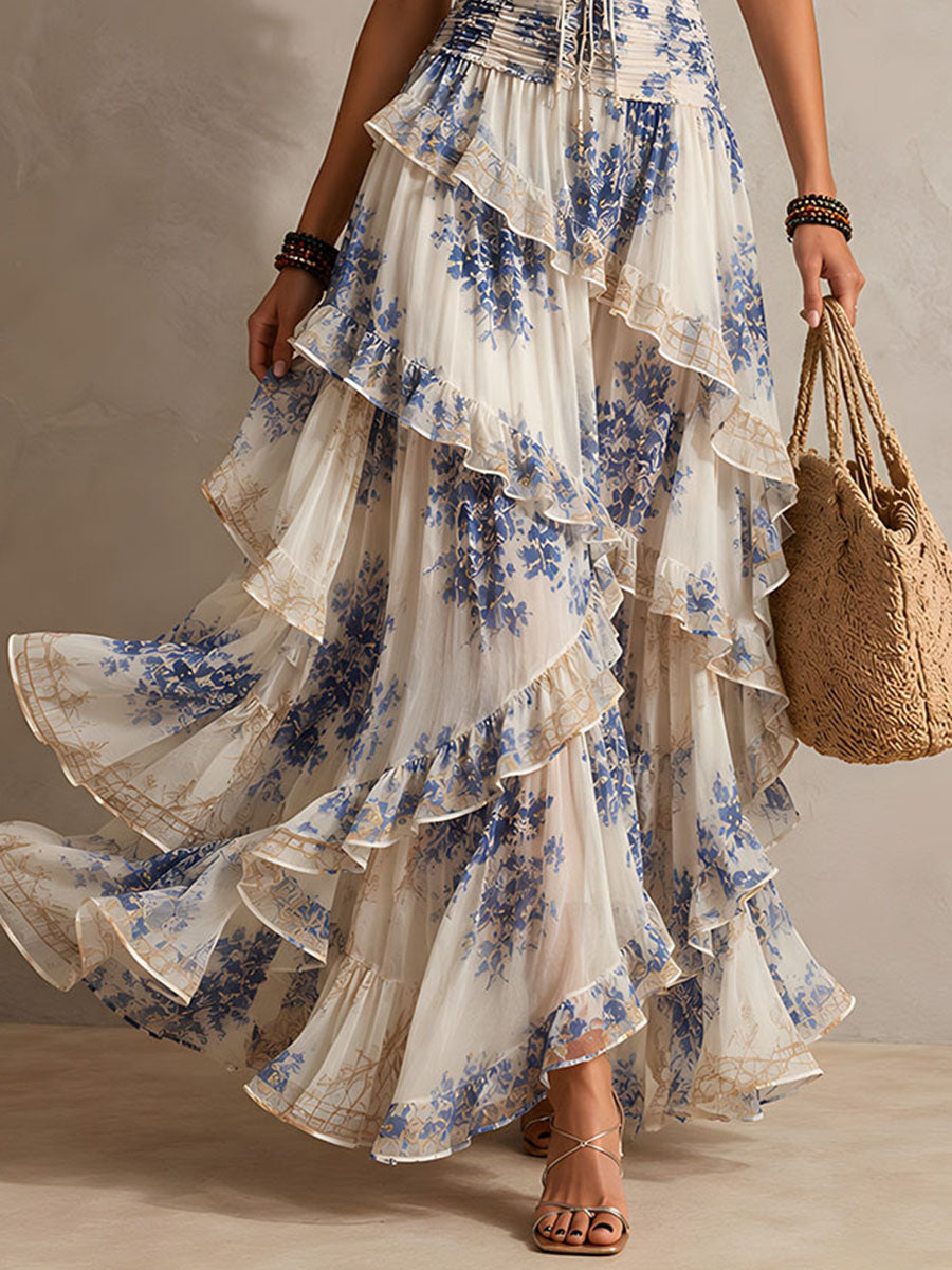 Clara - Boho Resort Blue Floral Halter Tiered Ruffle Chiffon Maxi Dress