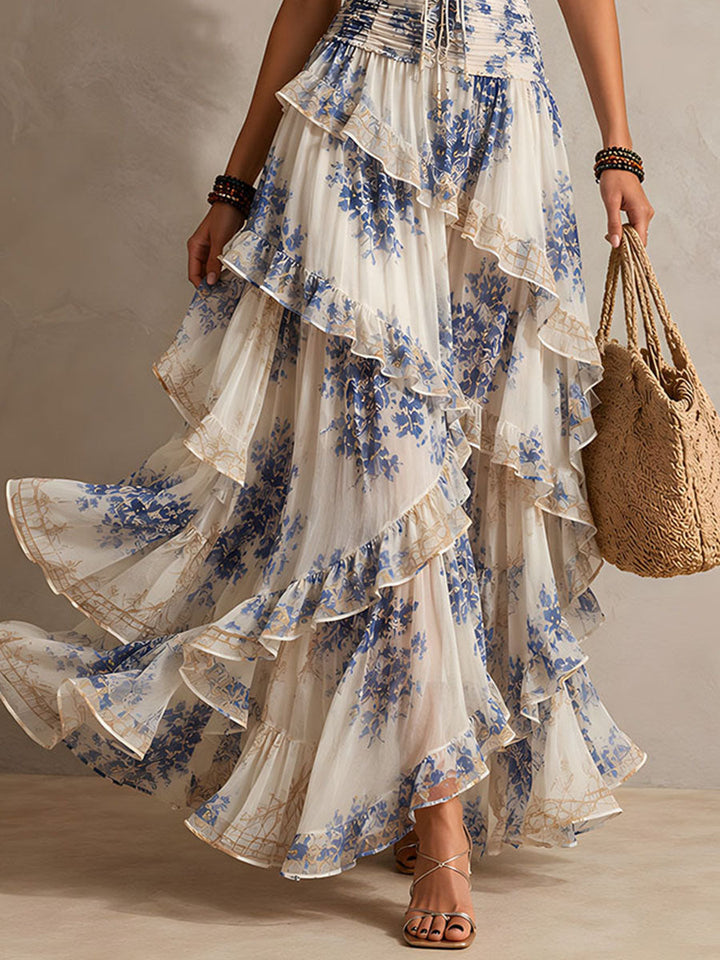 Clara - Boho Resort Blue Floral Halter Tiered Ruffle Chiffon Maxi Dress