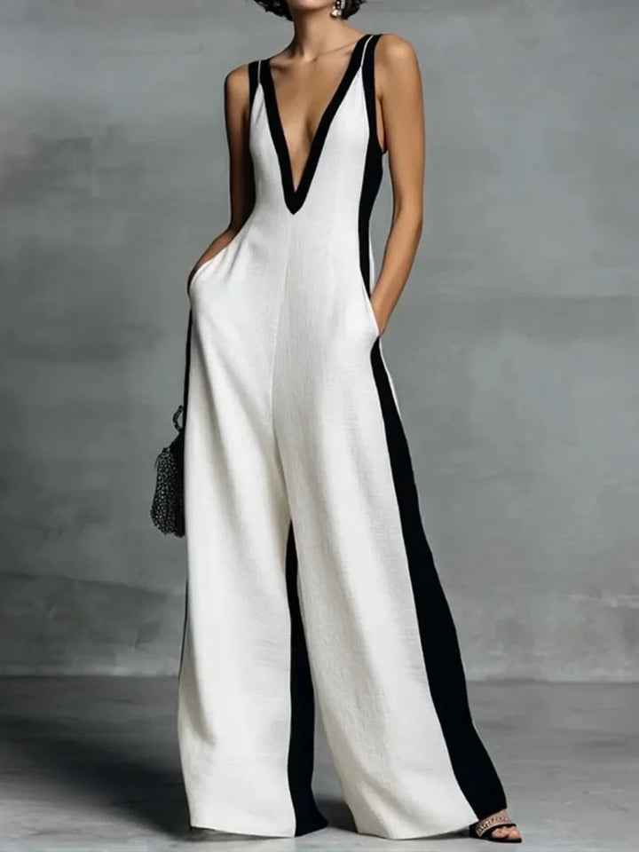 Celine | Black & White Color-Block Wide-Leg Jumpsuit