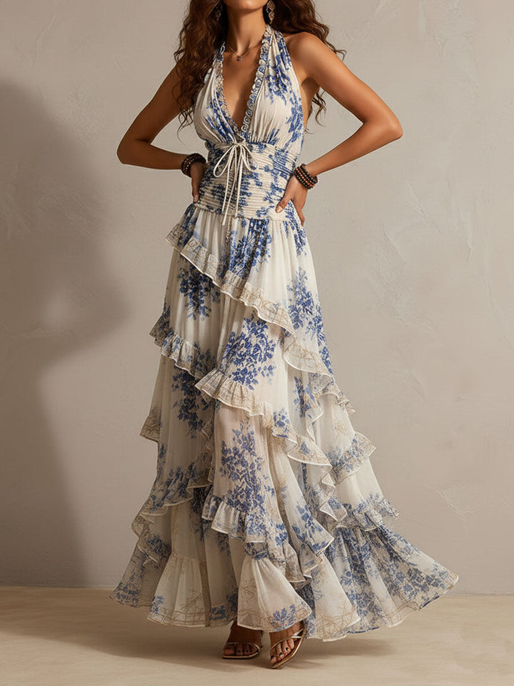 Clara - Boho Resort Blue Floral Halter Tiered Ruffle Chiffon Maxi Dress