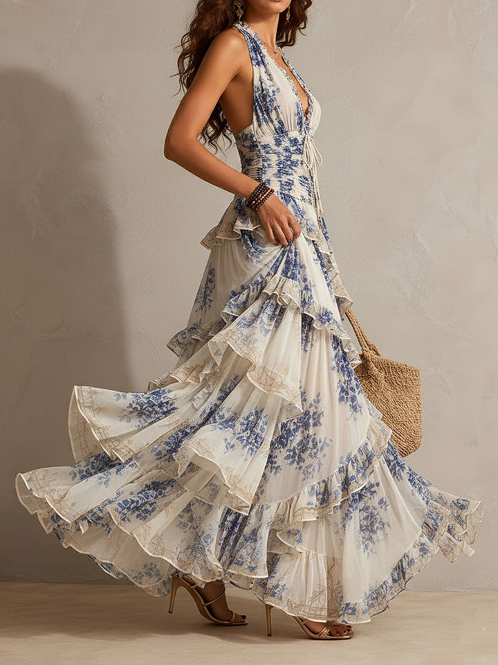 Clara - Boho Resort Blue Floral Halter Tiered Ruffle Chiffon Maxi Dress
