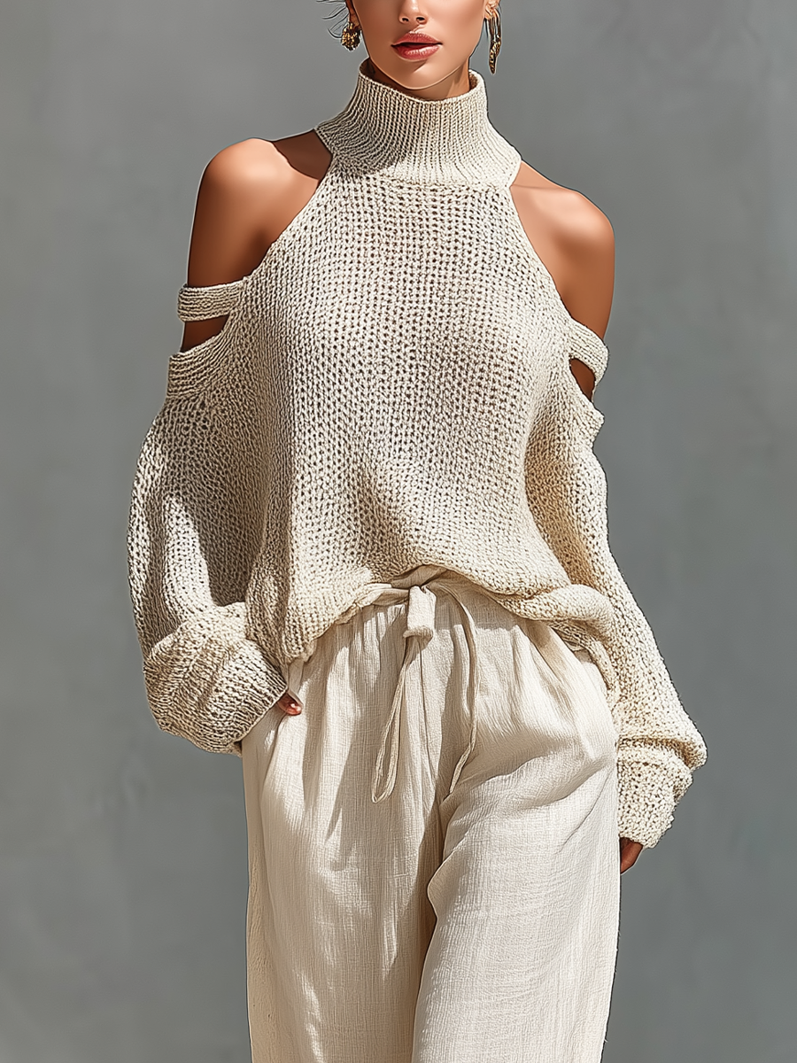 Thalia - Beige Knit Off-Shoulder Turtleneck Top & Wide Leg Pants Set