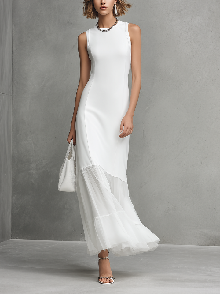 Elegant White Sleeveless Dress for Women with Milk Silk and Chiffon Panels