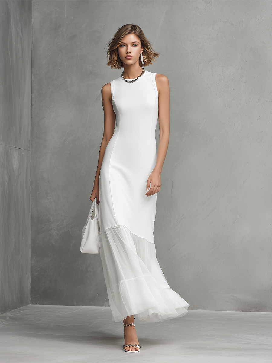 Elegant White Sleeveless Dress for Women with Milk Silk and Chiffon Panels