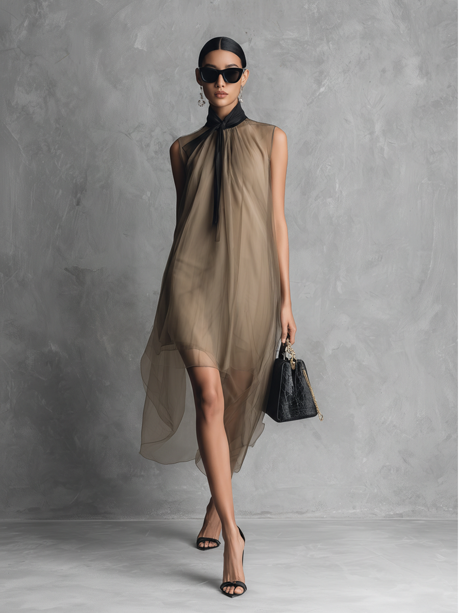 Beatrice - Lightweight Luxury Two-Tone Khaki and Brown Chiffon Sleeveless Dress