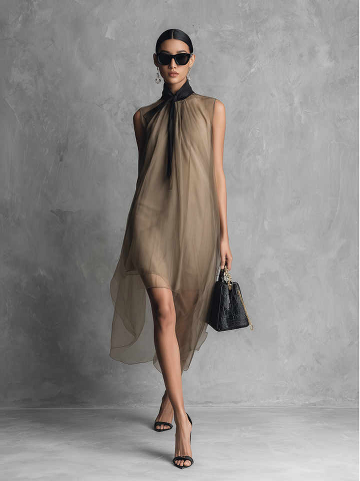 Beatrice - Lightweight Luxury Two-Tone Khaki and Brown Chiffon Sleeveless Dress
