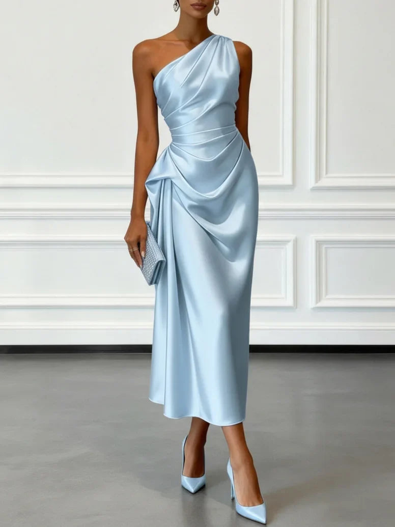 Caille - Champagne Satin One-shoulder Sleeveless Ruffled Midi Dress