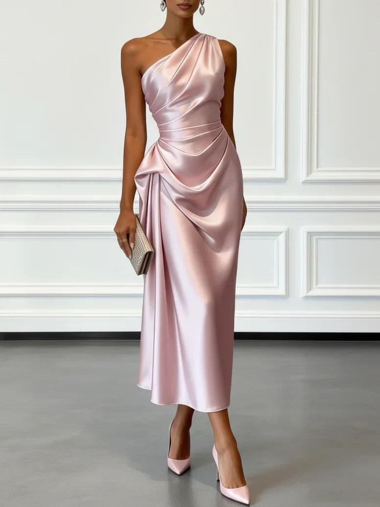 Caille - Champagne Satin One-shoulder Sleeveless Ruffled Midi Dress