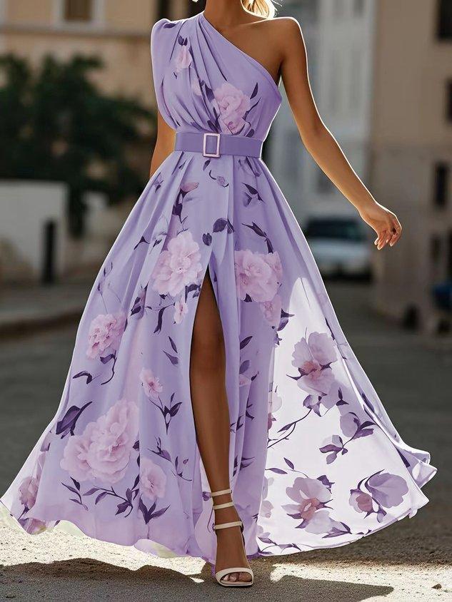 Sella - Ruched One Shoulder A-Line Maxi Chiffon Dress