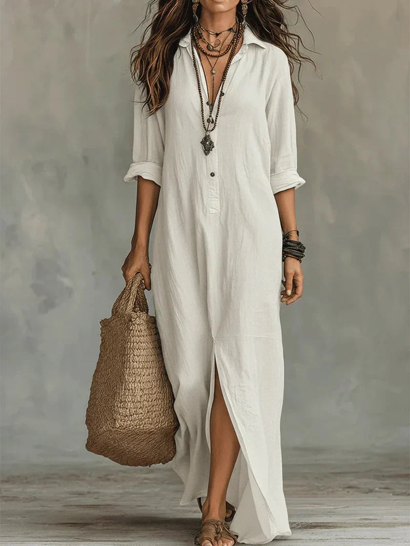Selena™ | Black Loose Maxi Dress with Buttons