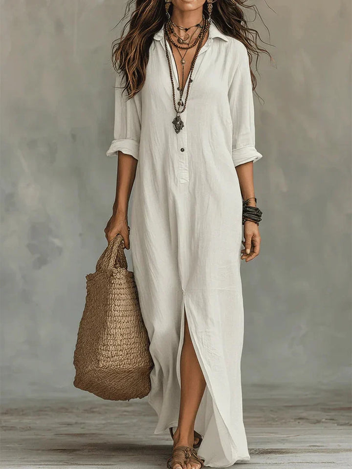 Selena™ | Black Loose Maxi Dress with Buttons