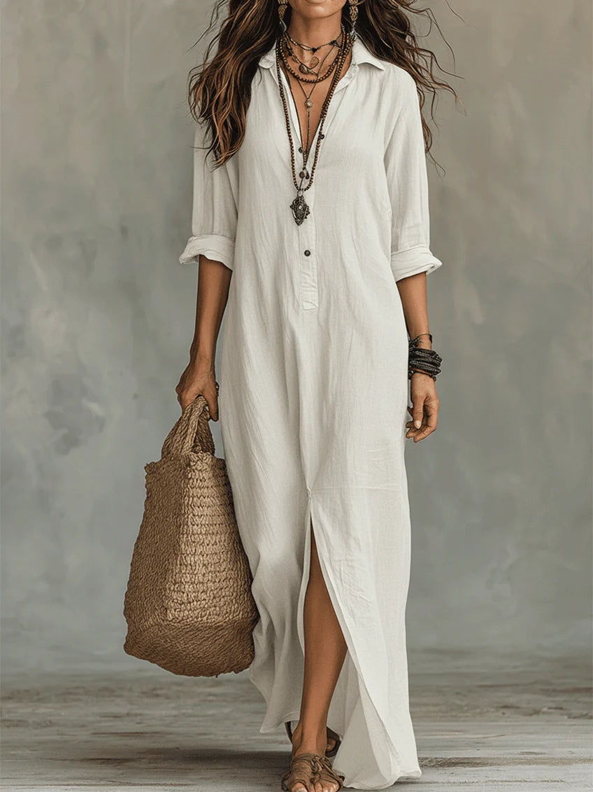 Soline - Relaxed V-Neck Button Maxi Dress