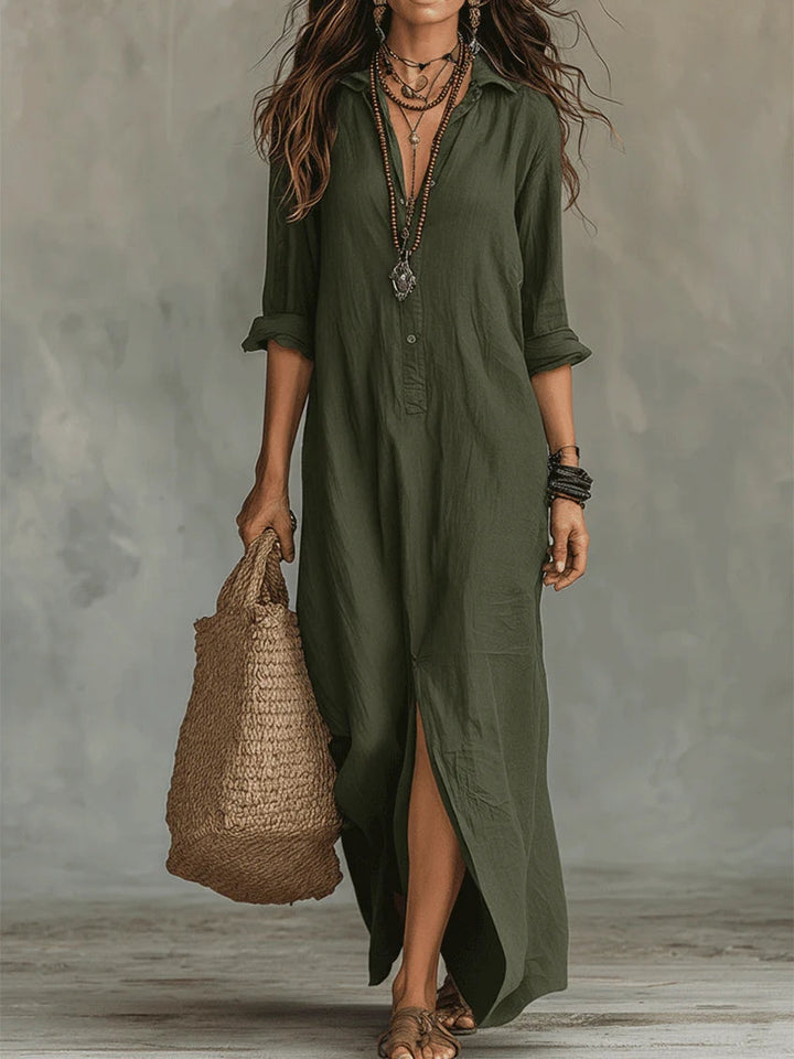 Soline - Relaxed V-Neck Button Maxi Dress