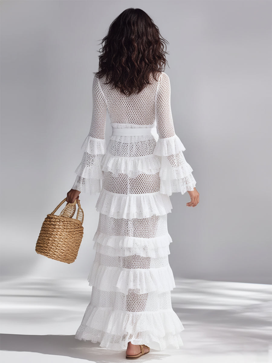 Freya - Bright White Crocheted Knit Cardigan for Women