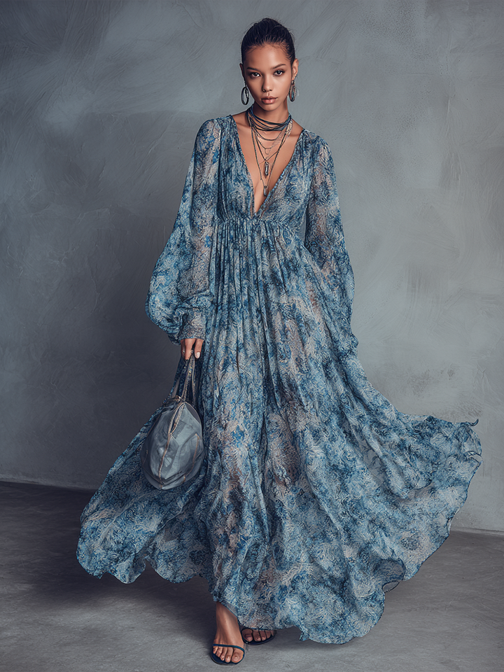 Grace - Bohemian Style Blue Floral Print Chiffon Maxi Dress