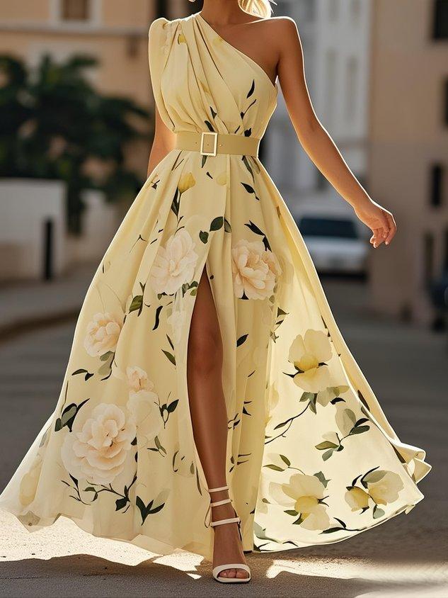 Sella - Ruched One Shoulder A-Line Maxi Chiffon Dress