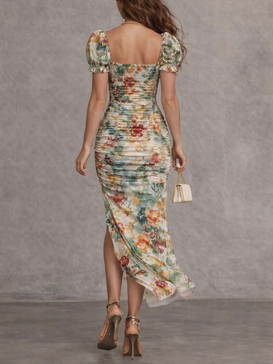 Carmen - Retro And Elegant Floral Ruched Square-Neck Midi Dress