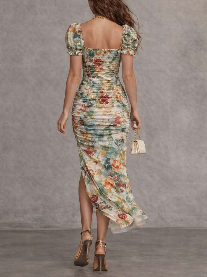 Carmen - Retro And Elegant Floral Ruched Square-Neck Midi Dress