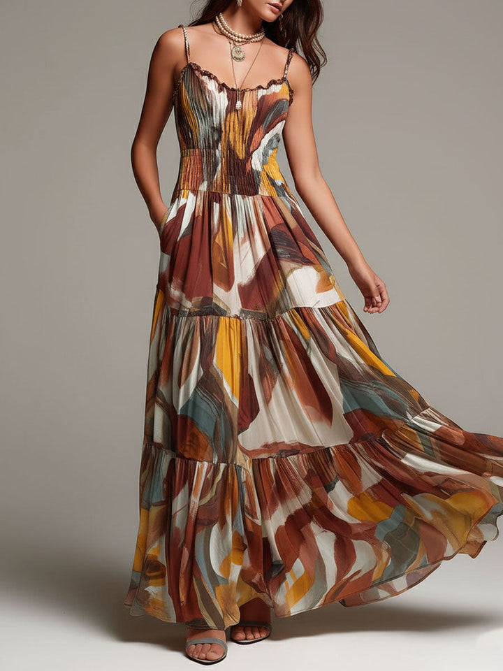 Celine - Boho Abstract Multicolor Smocked Bodice Maxi Dress