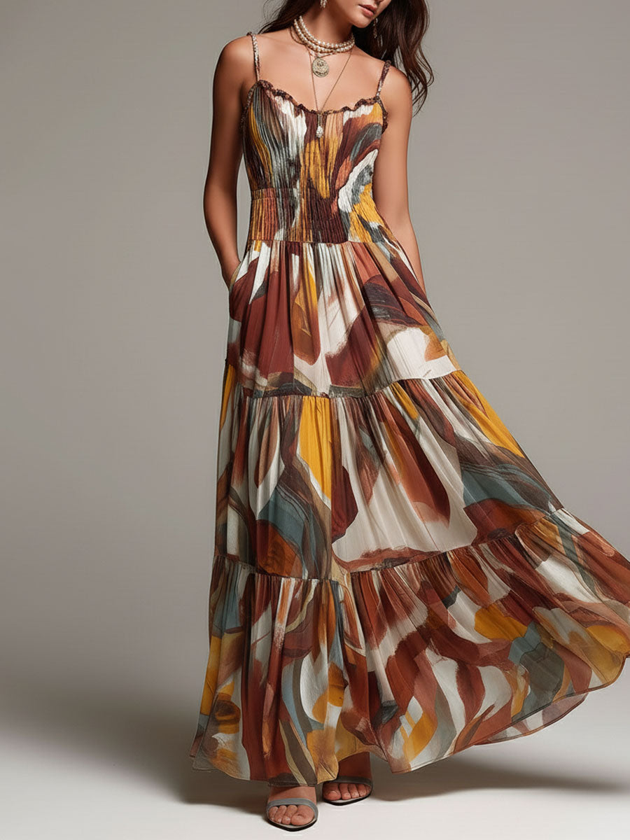Celine - Boho Abstract Multicolor Smocked Bodice Maxi Dress