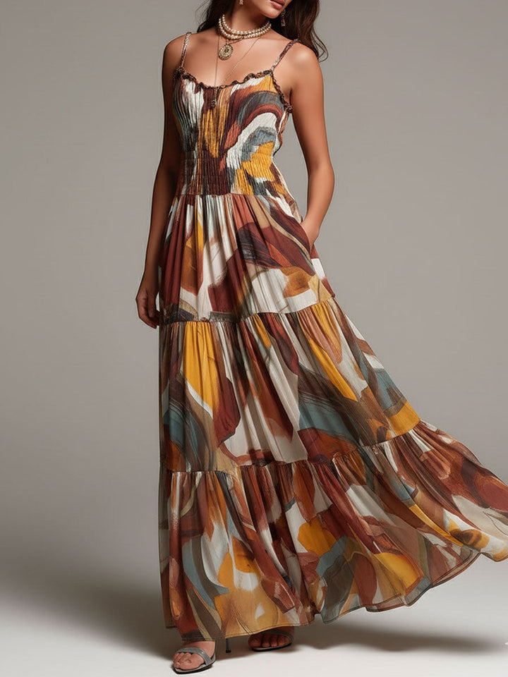 Celine - Boho Abstract Multicolor Smocked Bodice Maxi Dress