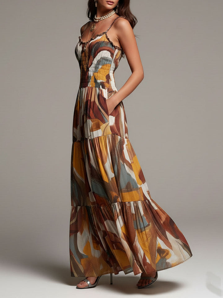 Celine - Boho Abstract Multicolor Smocked Bodice Maxi Dress