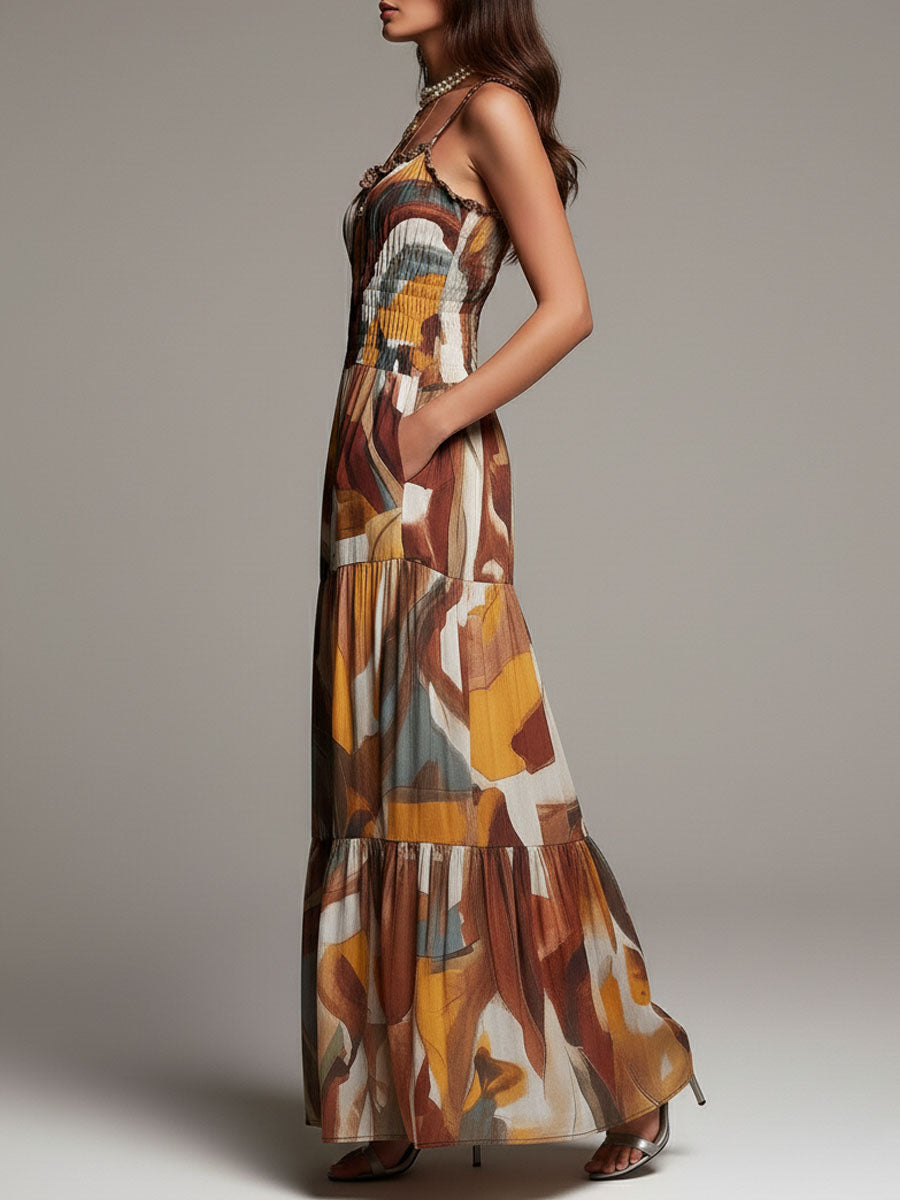 Celine - Boho Abstract Multicolor Smocked Bodice Maxi Dress