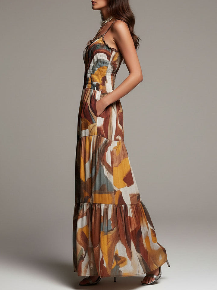 Celine - Boho Abstract Multicolor Smocked Bodice Maxi Dress