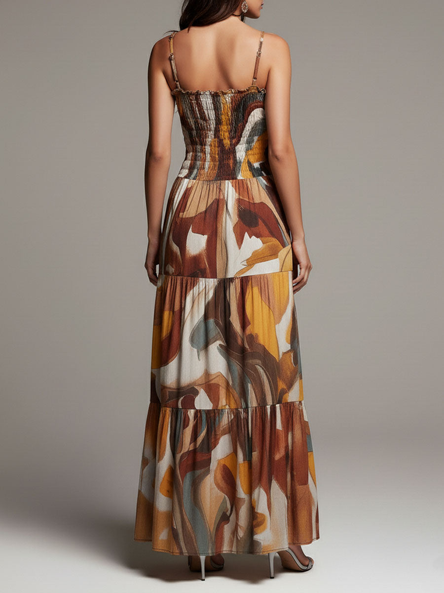 Celine - Boho Abstract Multicolor Smocked Bodice Maxi Dress