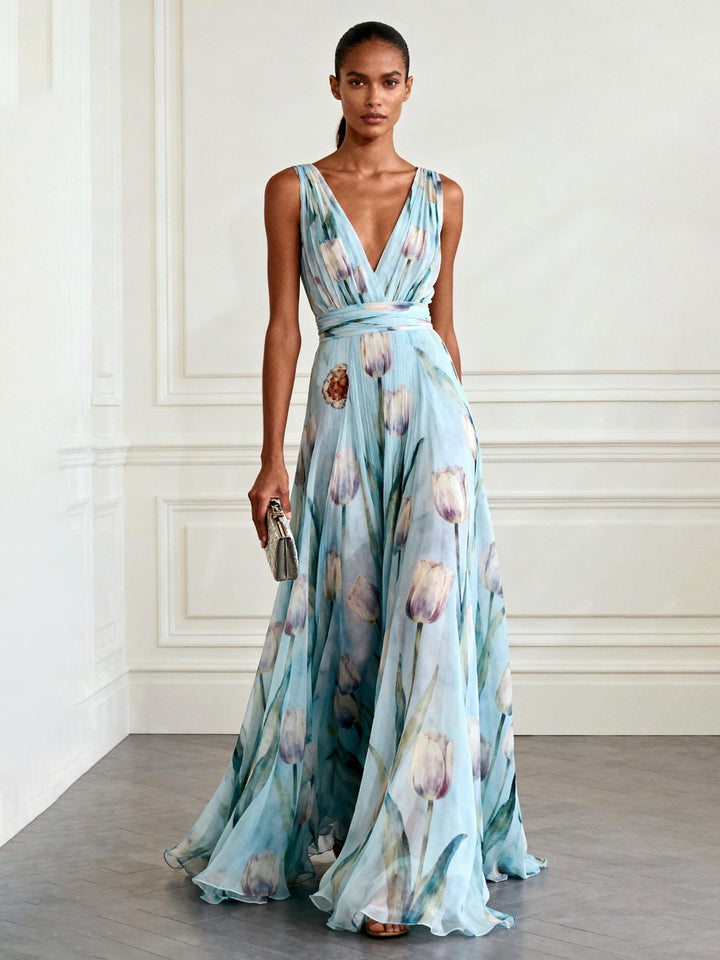Nerea  - Elegant Tulip Print V-neck Maxi Dress