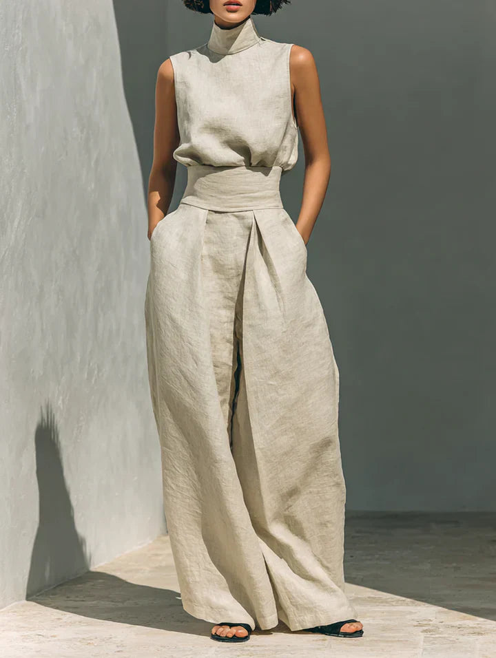 Flor™ | Minimalist Sleeveless Blouse and Wide-Leg Pants Cotton-Linen Set for Women