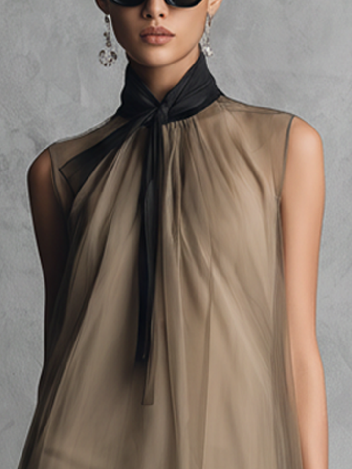 Beatrice - Lightweight Luxury Two-Tone Khaki and Brown Chiffon Sleeveless Dress