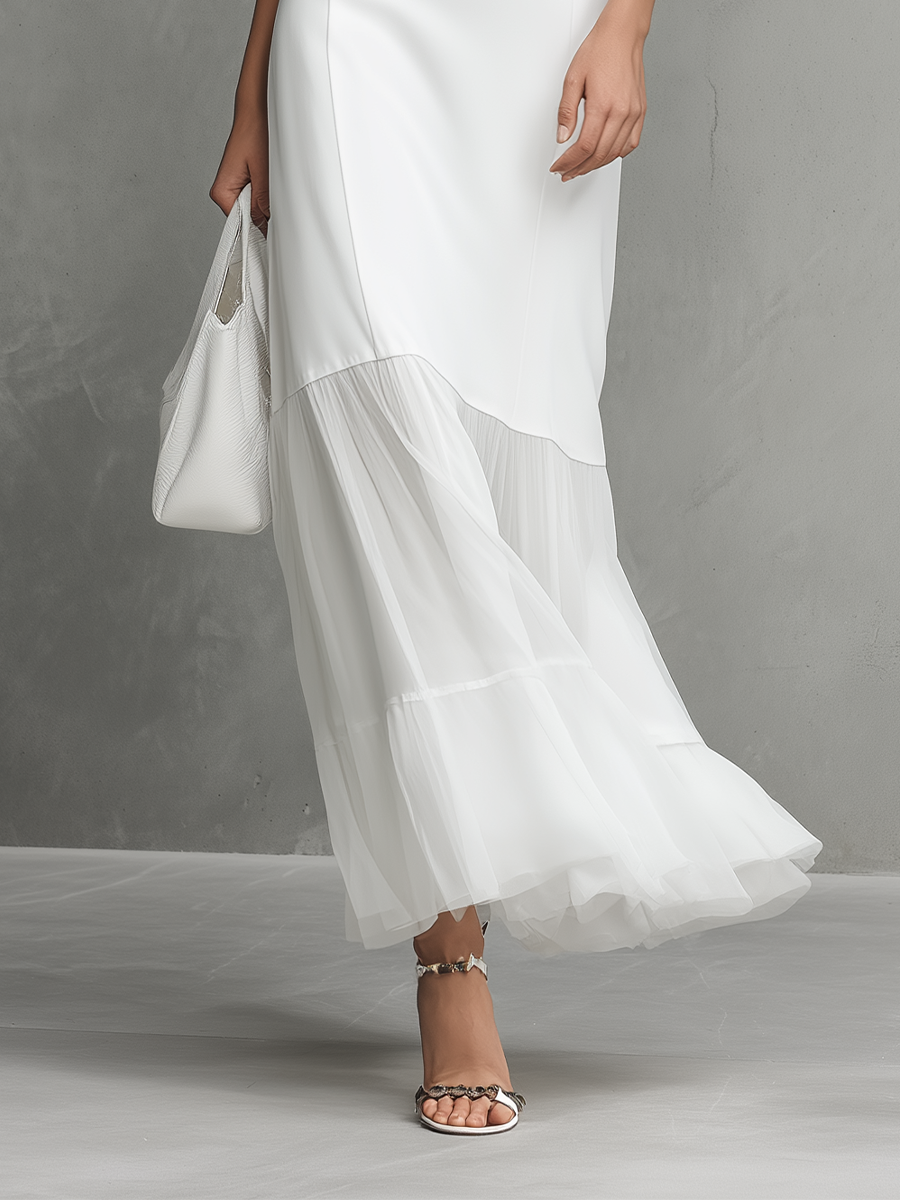 Elegant White Sleeveless Dress for Women with Milk Silk and Chiffon Panels