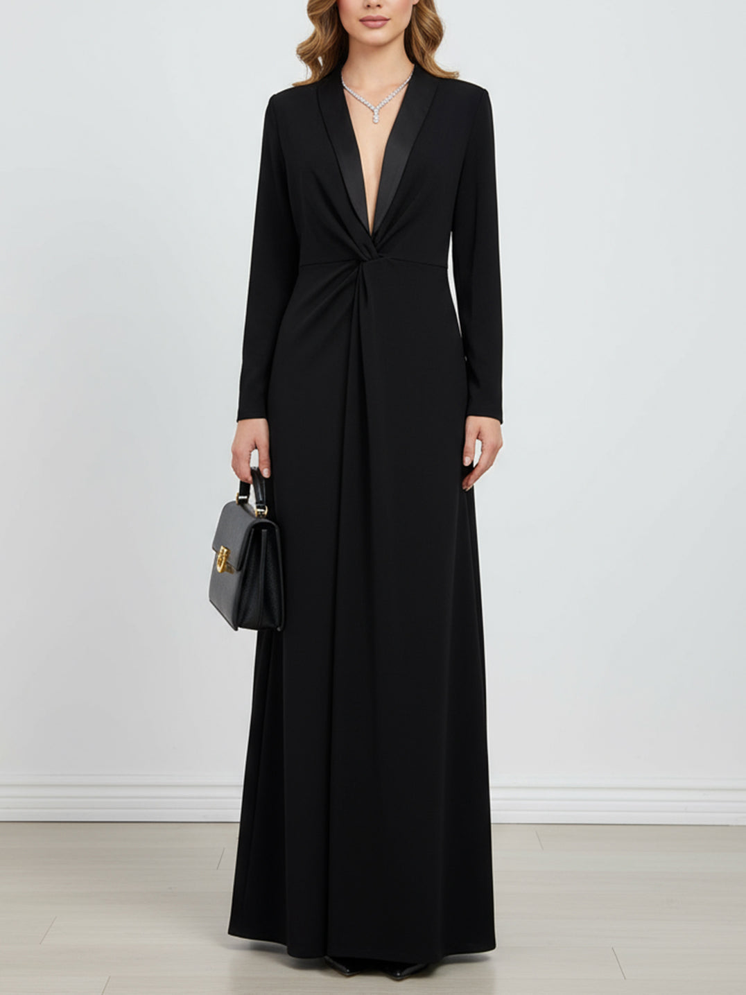 Kara - Long Sleeve Skinny Solid Color Deep V-Neck Maxi Dress