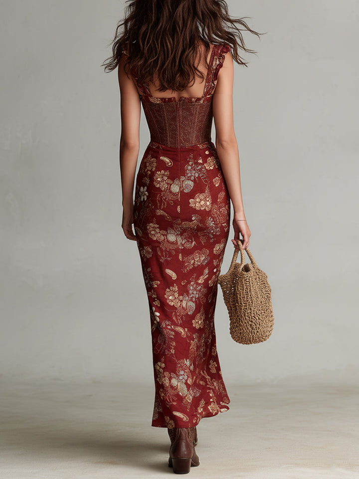 Sara  - Corset-Style Floral Print High-Slit Maxi Dress