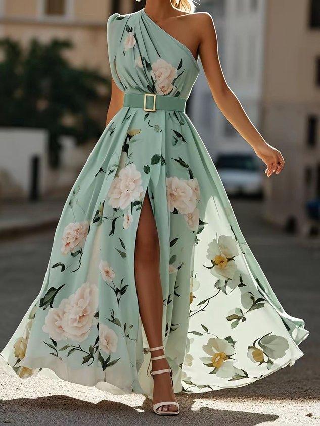 Sella - Ruched One Shoulder A-Line Maxi Chiffon Dress
