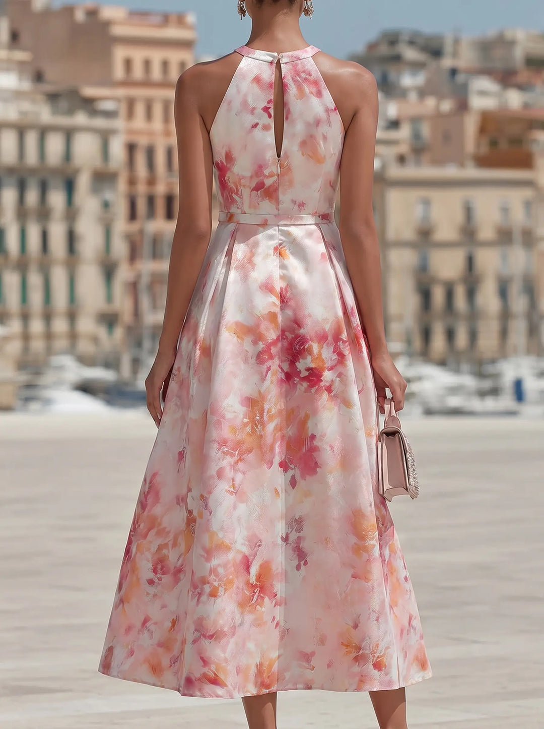 Violetta - Midi Dress with Halter in Watercolor Floral Pattern