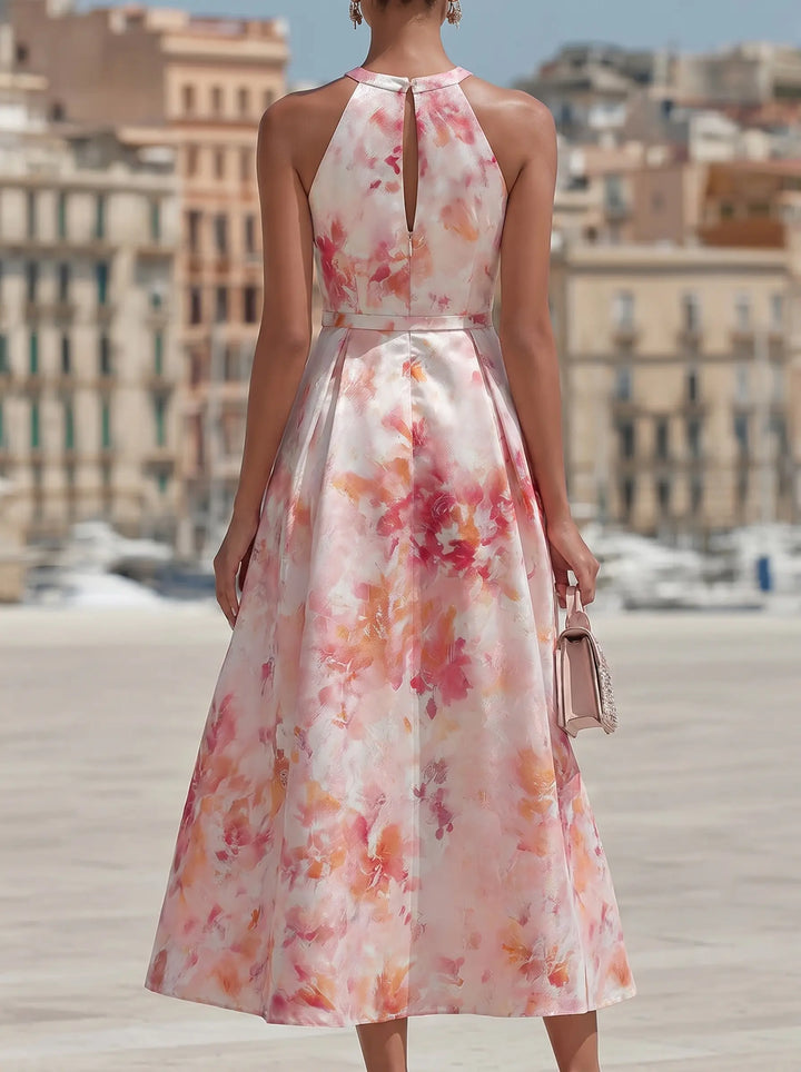 Violetta - Midi Dress with Halter in Watercolor Floral Pattern