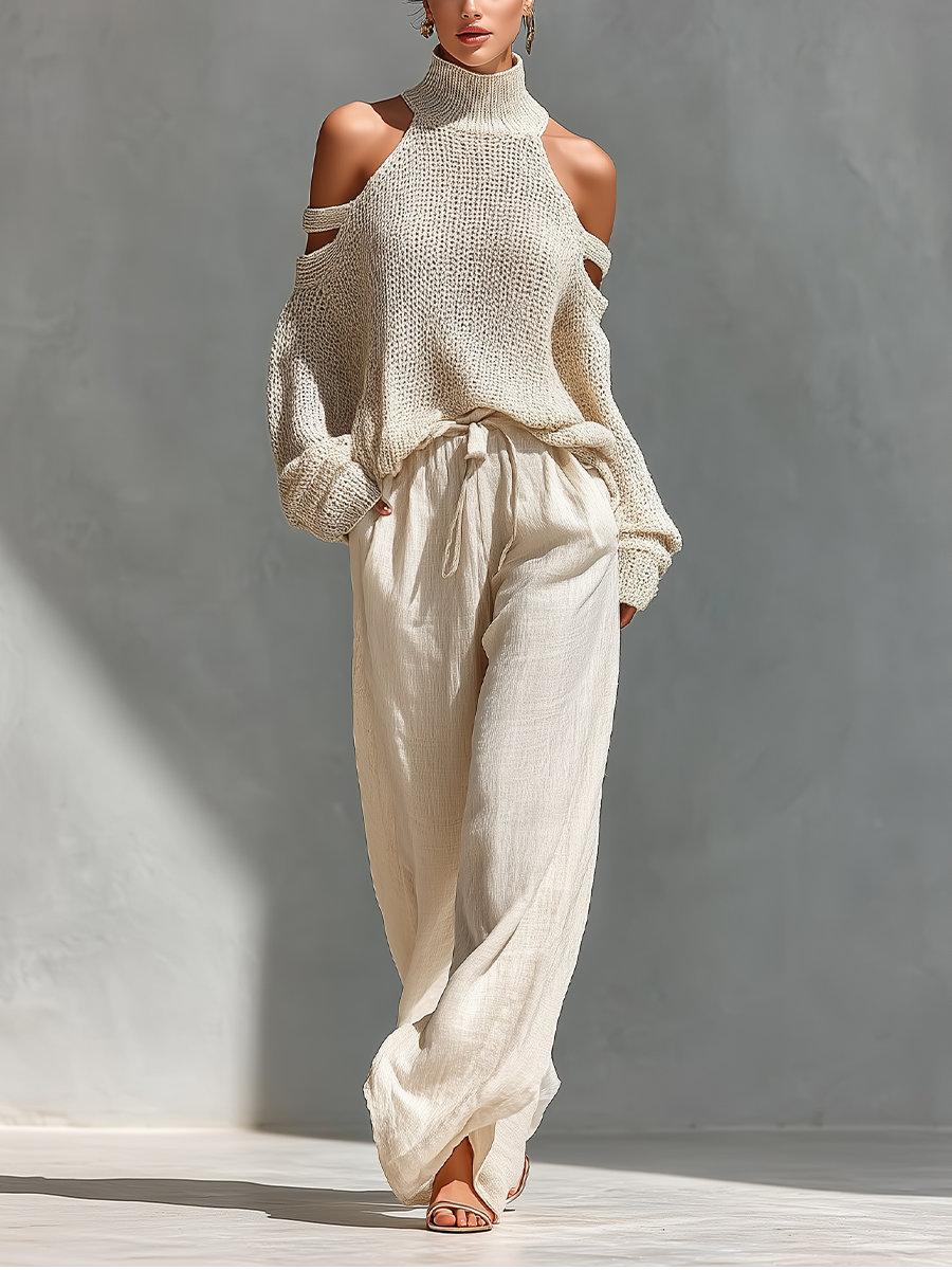 Thalia - Beige Knit Off-Shoulder Turtleneck Top & Wide Leg Pants Set