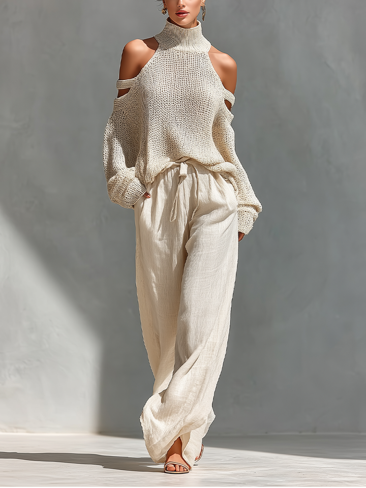 Thalia - Beige Knit Off-Shoulder Turtleneck Top & Wide Leg Pants Set